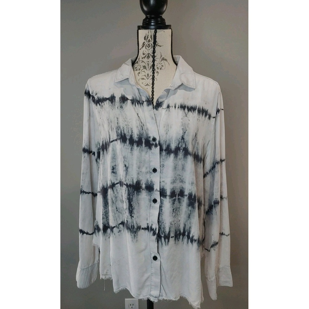 Anthropologie Cloth & Stone Women's Raw Hem Tie Dye Button Tunic Top Gray XL